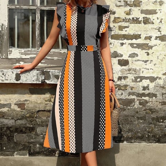 Multicolor Boho womens Polka Dot & Geo Print Ruffle Trim Dress - Picture 4 of 5